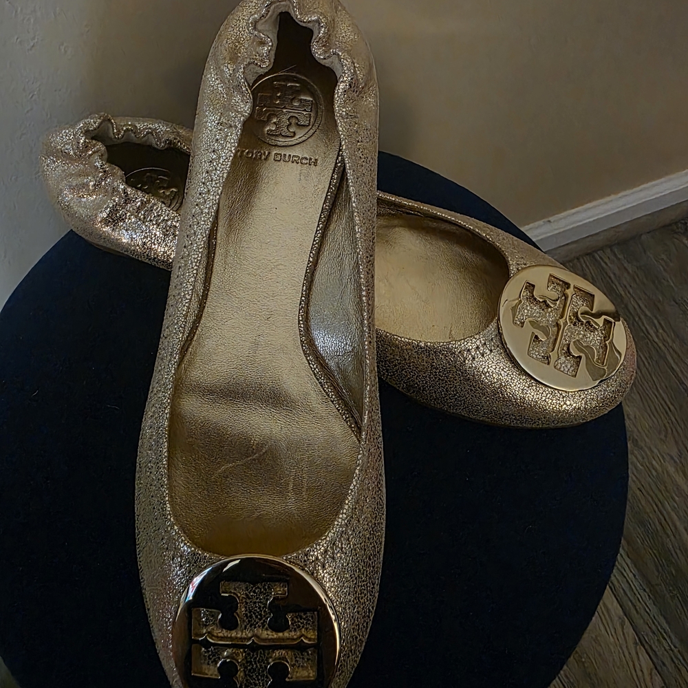 NWOT Tory Burch Gold Peep-Toe Flats with Medallion..NEVER WORN